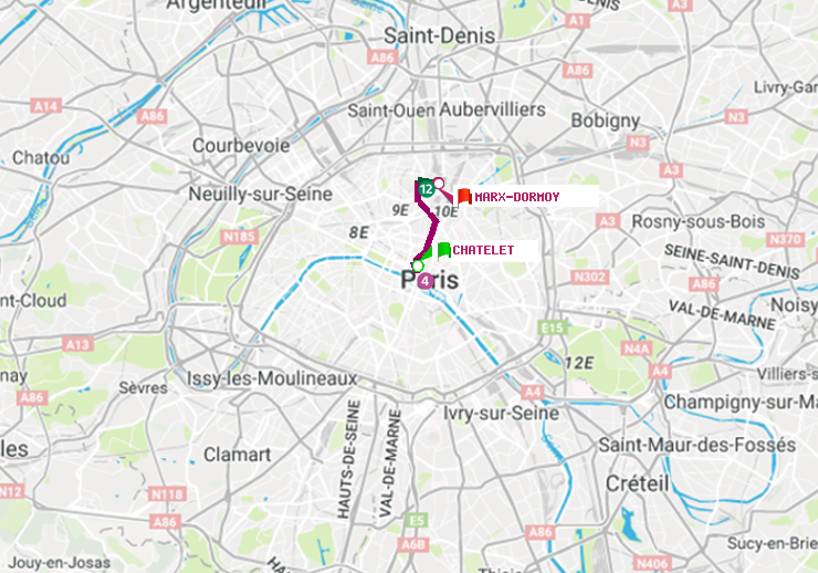 plan itinéraire ratp de Châtelet à Marx-Dormoy