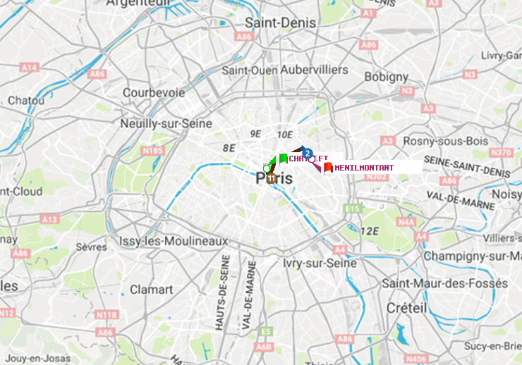 plan itinéraire ratp de Châtelet à Ménilmontant