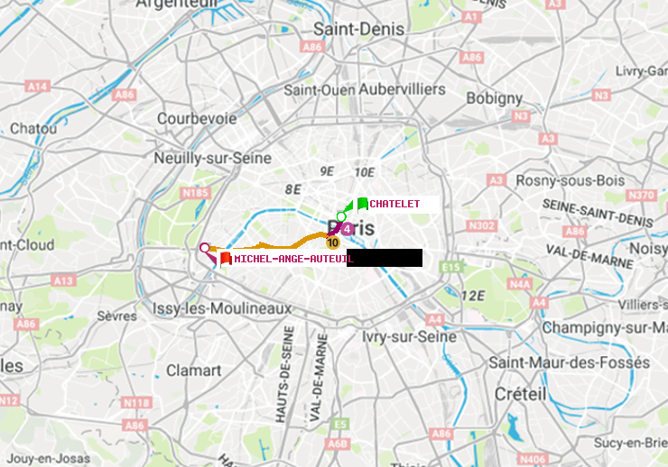 plan itinéraire ratp de Châtelet à Michel-Ange-Auteuil