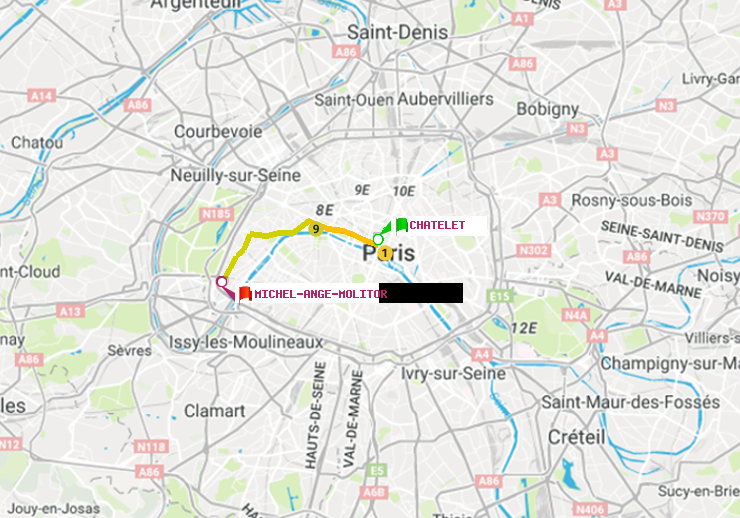 plan itinéraire ratp de Châtelet à Michel-Ange-Molitor