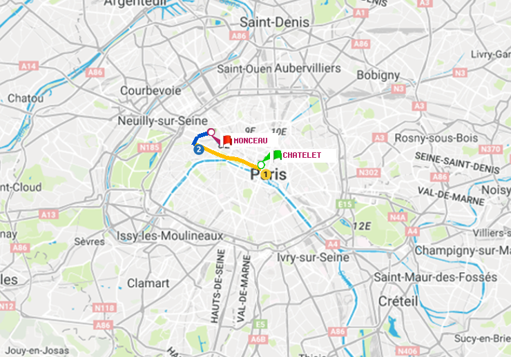 plan itinéraire ratp de Châtelet à Monceau