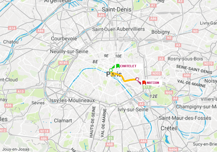 plan itinéraire ratp de Châtelet à Nation