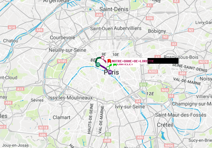 plan itinéraire ratp de Châtelet à Notre-Dame de Lorette