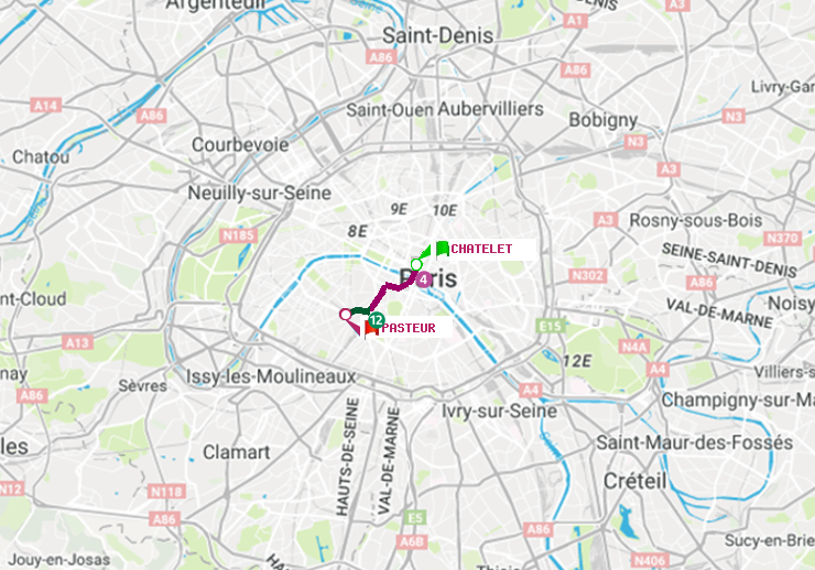 plan itinéraire ratp de Châtelet à Pasteur
