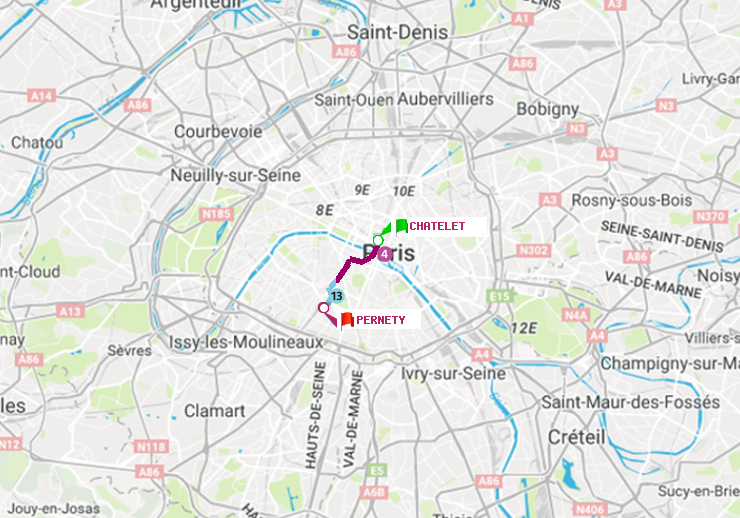 plan itinéraire ratp de Châtelet à Pernety