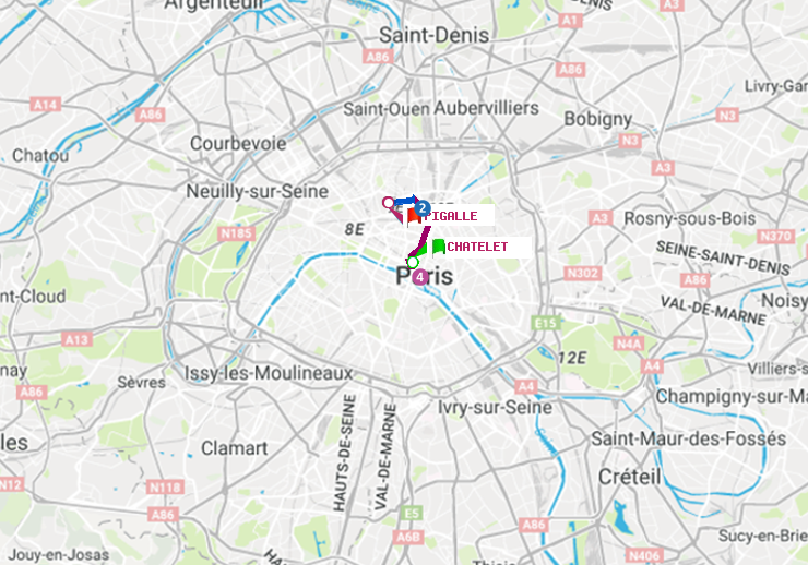 plan itinéraire ratp de Châtelet à Pigalle