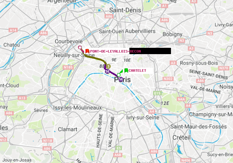 plan itinéraire ratp de Châtelet à Pont de Levallois-Bécon