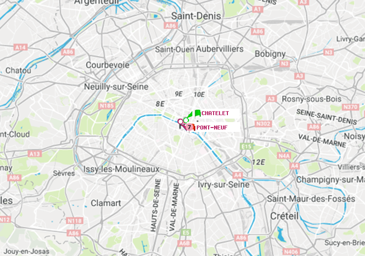 plan itinéraire ratp de Châtelet à Pont Neuf