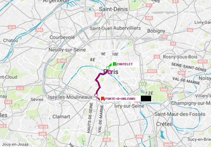 plan itinéraire ratp de Châtelet à Porte d