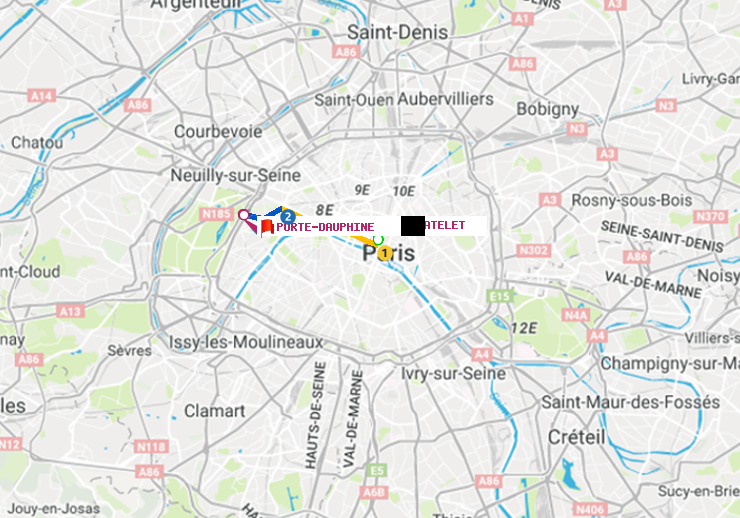 plan itinéraire ratp de Châtelet à Porte Dauphine (Maréchal de Lattre de Tassigny)