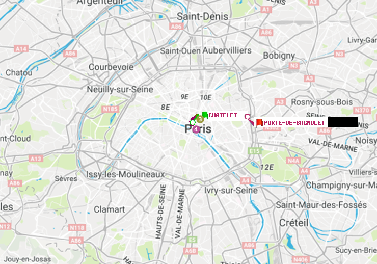 plan itinéraire ratp de Châtelet à Porte de Bagnolet