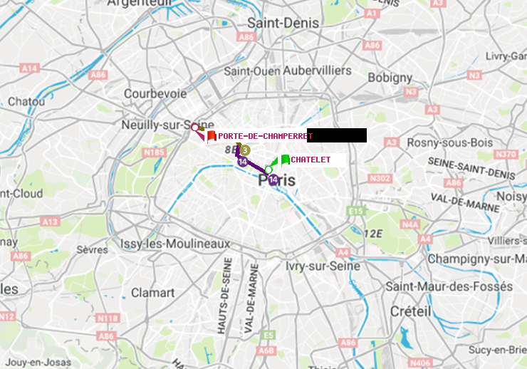 plan itinéraire ratp de Châtelet à Porte de Champerret