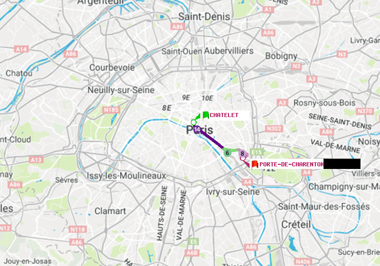 plan itinéraire ratp de Châtelet à Porte de Charenton