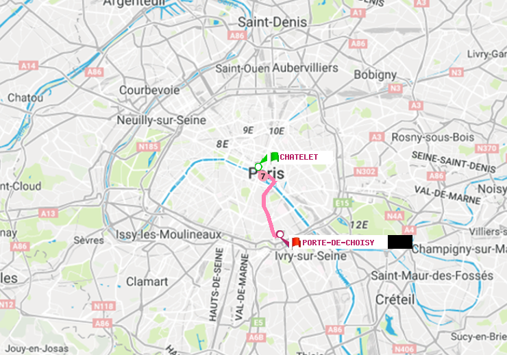 plan itinéraire ratp de Châtelet à Porte de Choisy