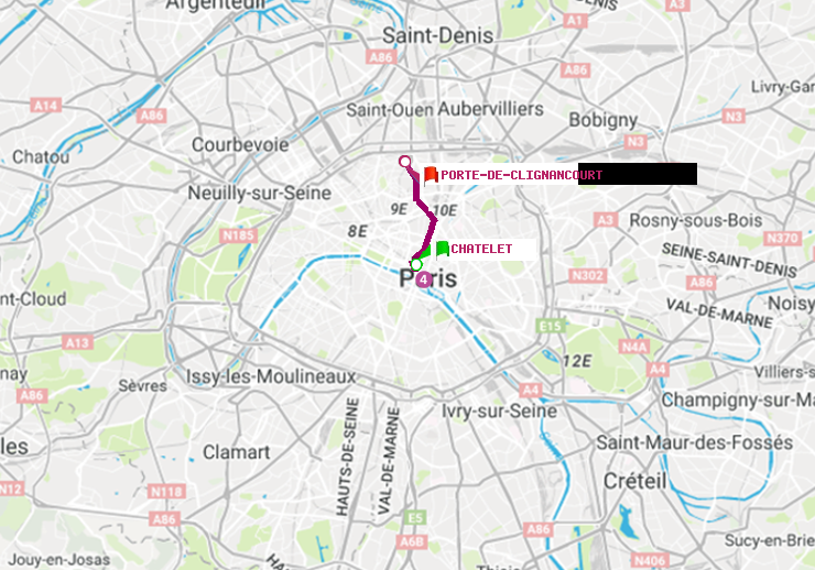 plan itinéraire ratp de Châtelet à Porte de Clignancourt
