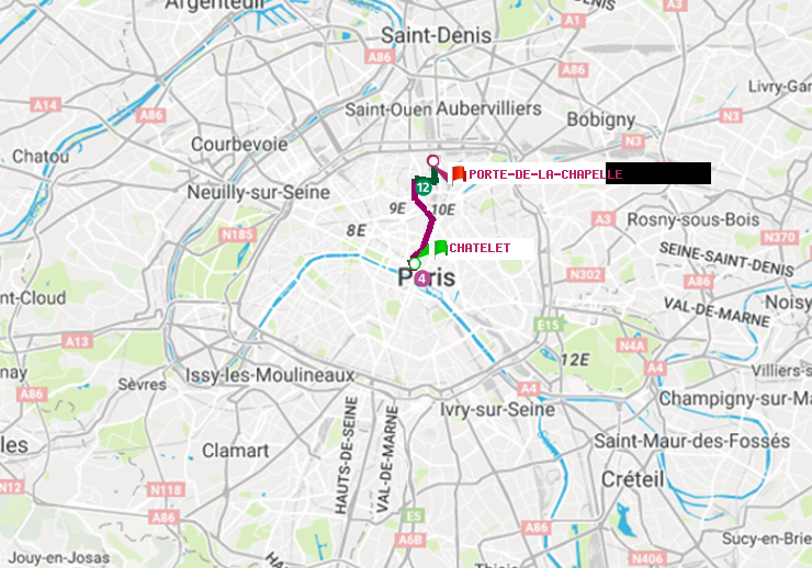 plan itinéraire ratp de Châtelet à Porte de la Chapelle
