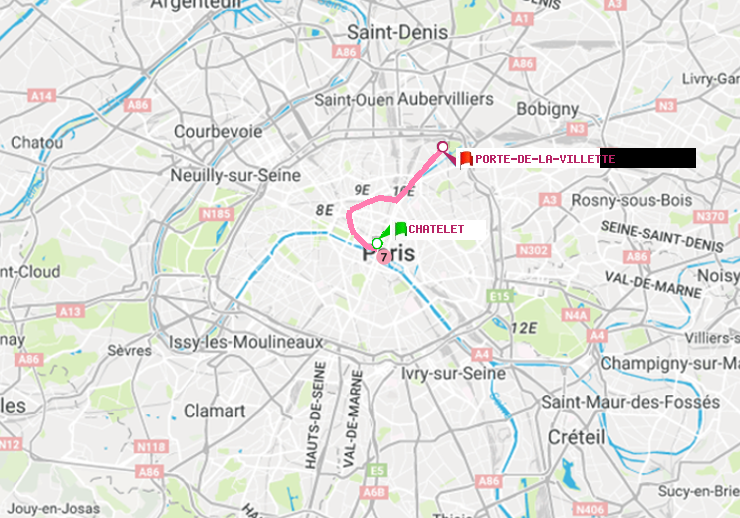 plan itinéraire ratp de Châtelet à Porte de la Villette