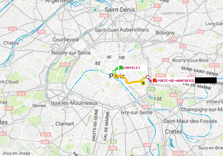 plan itinéraire ratp de Châtelet à Porte de Montreuil