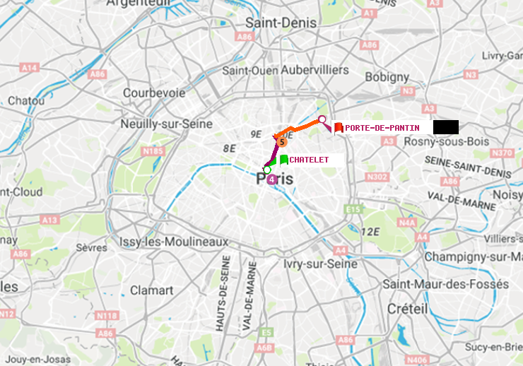 plan itinéraire ratp de Châtelet à Porte de Pantin