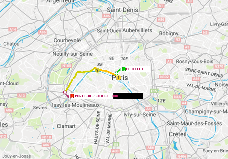 plan itinéraire ratp de Châtelet à Porte de Saint-Cloud