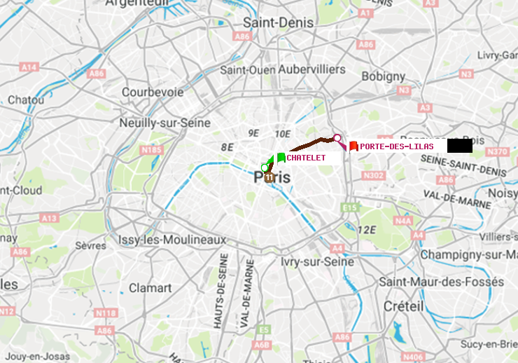 plan itinéraire ratp de Châtelet à Porte des Lilas