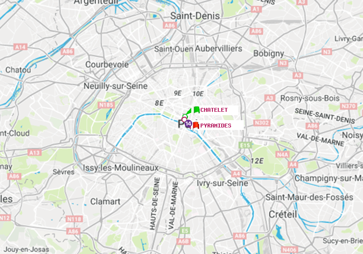 plan itinéraire ratp de Châtelet à Pyramides
