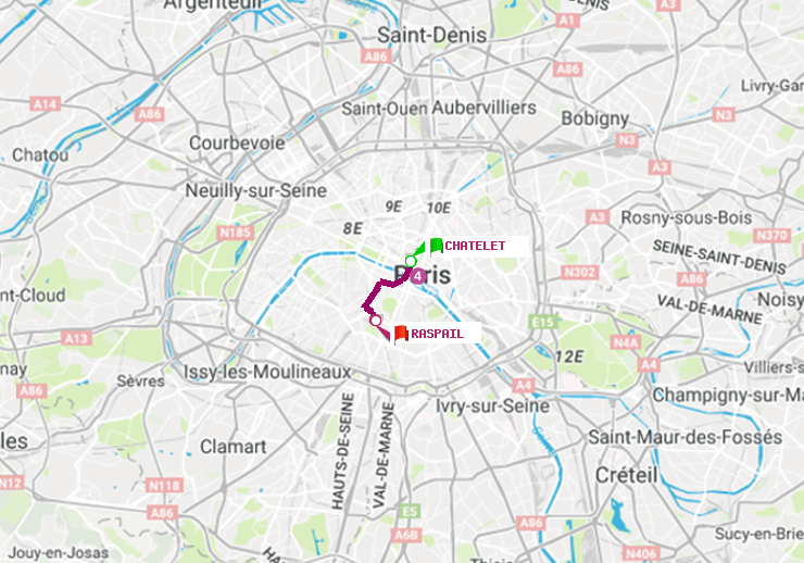 plan itinéraire ratp de Châtelet à Raspail