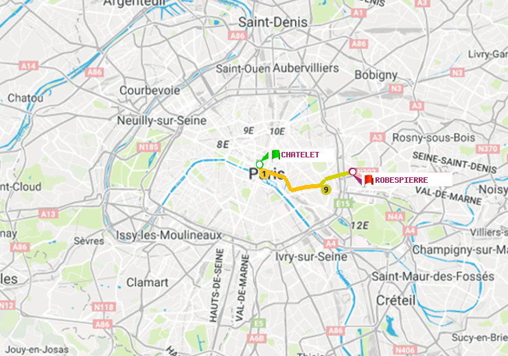 plan itinéraire ratp de Châtelet à Robespierre