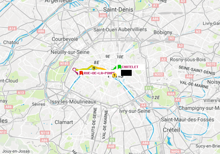 plan itinéraire ratp de Châtelet à Rue de la Pompe (Avenue Georges Mandel)