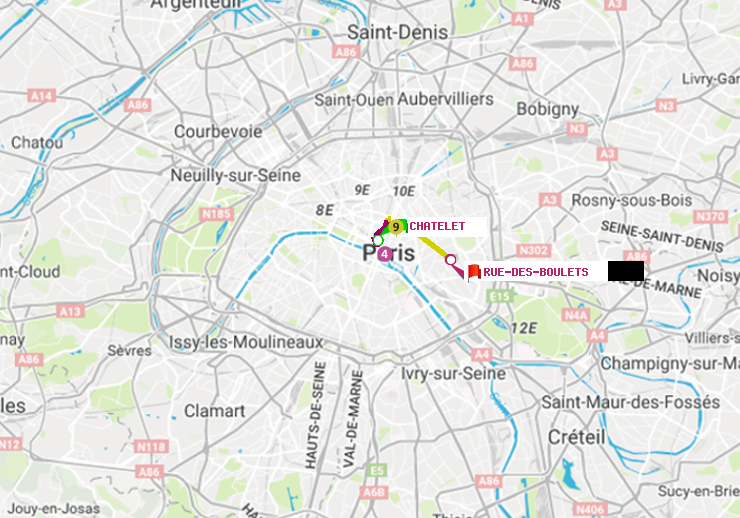 plan itinéraire ratp de Châtelet à Rue des Boulets