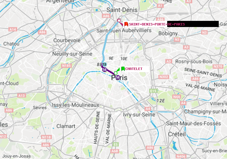 plan itinéraire ratp de Châtelet à Saint-Denis-Porte de Paris