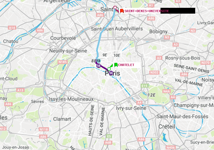plan itinéraire ratp de Châtelet à Saint-Denis-Universite