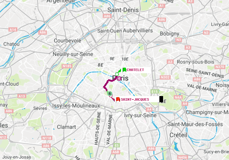 plan itinéraire ratp de Châtelet à Saint-Jacques