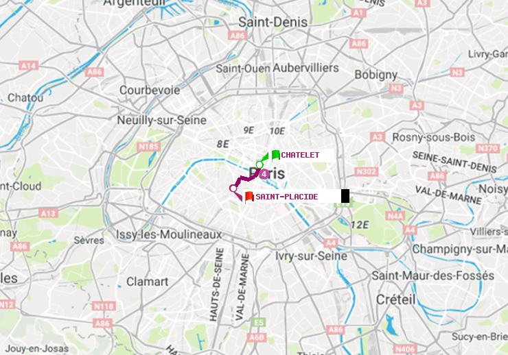 plan itinéraire ratp de Châtelet à Saint-Placide
