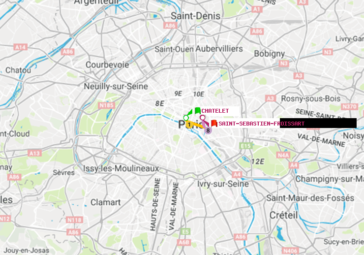 plan itinéraire ratp de Châtelet à Saint-Sébastien-Froissart