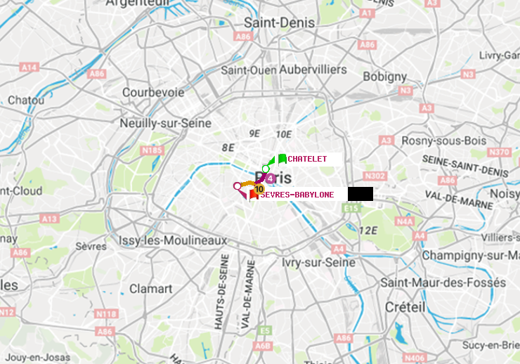 plan itinéraire ratp de Châtelet à Sèvres-Babylone
