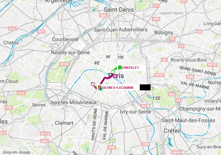 plan itinéraire ratp de Châtelet à Sèvres-Lecourbe