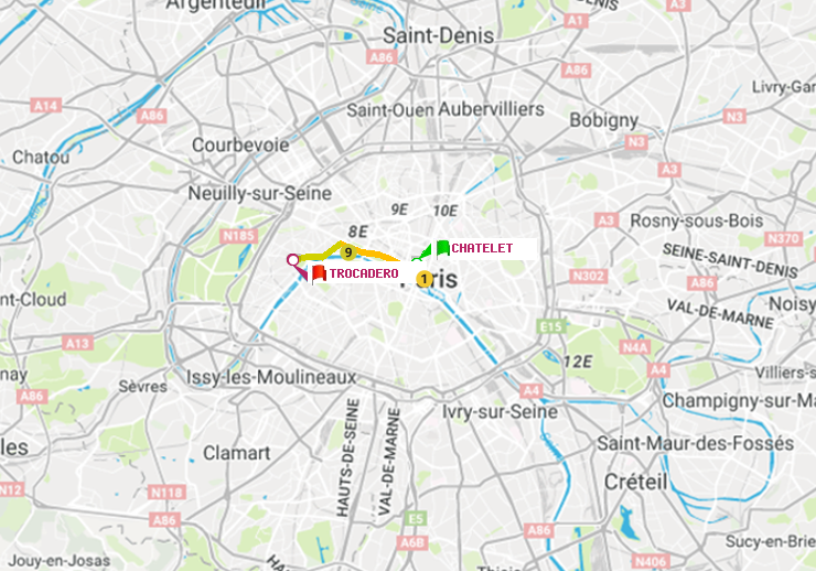 plan itinéraire ratp de Châtelet à Trocadéro