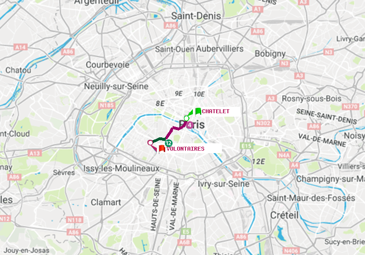 plan itinéraire ratp de Châtelet à Volontaires