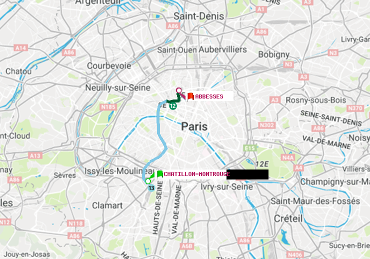plan itinéraire ratp de Châtillon Montrouge à Abbesses