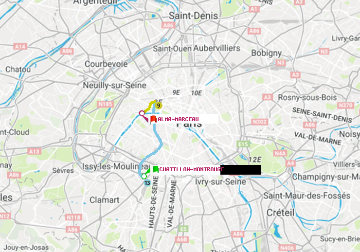plan itinéraire ratp de Châtillon Montrouge à Alma-Marceau