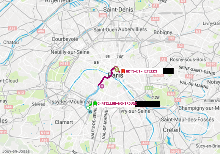 plan itinéraire ratp de Châtillon Montrouge à Arts-et-Métiers