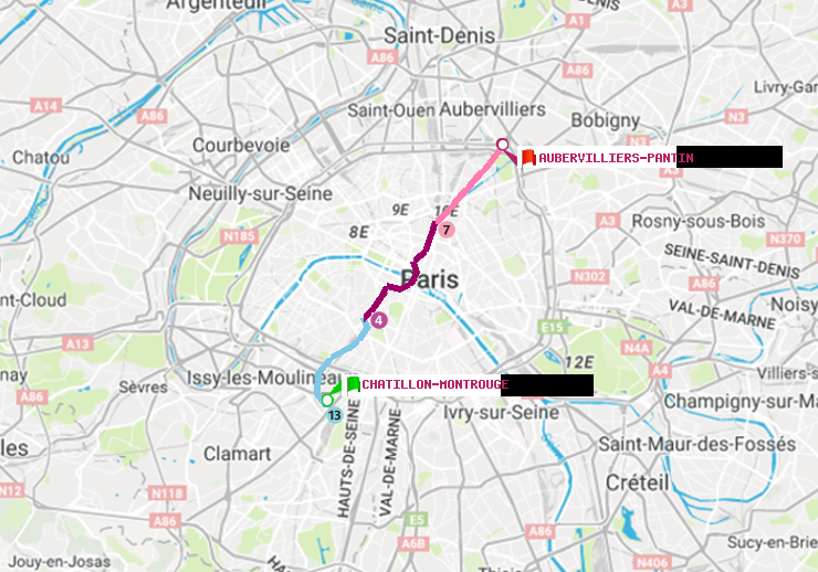 plan itinéraire ratp de Châtillon Montrouge à Aubervilliers Pantin (4 Chemins)