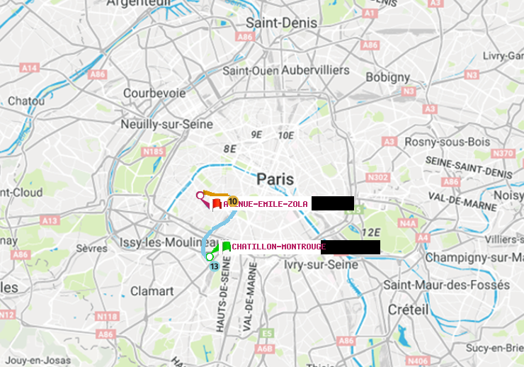 plan itinéraire ratp de Châtillon Montrouge à Avenue Emile-Zola