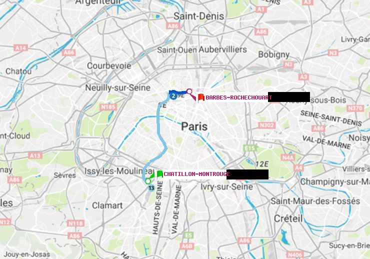 plan itinéraire ratp de Châtillon Montrouge à Barbès-Rochechouart