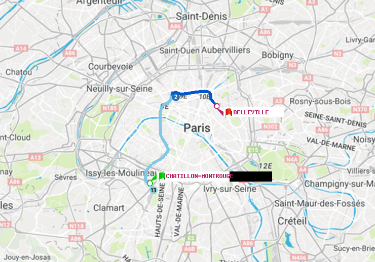 plan itinéraire ratp de Châtillon Montrouge à Belleville