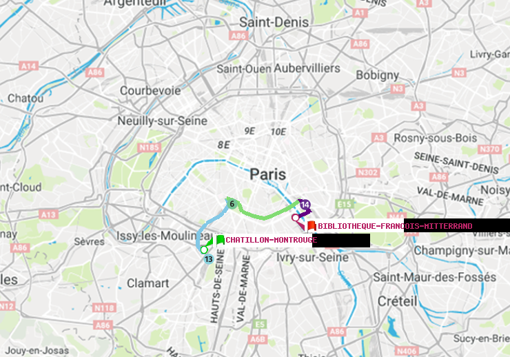 plan itinéraire ratp de Châtillon Montrouge à Bibliotheque-Francois Mitterrand