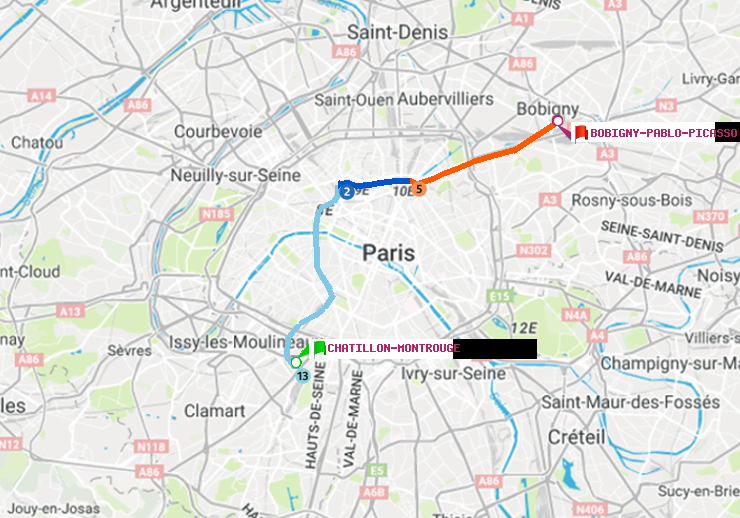 plan itinéraire ratp de Châtillon Montrouge à Bobigny-Pablo-Picasso