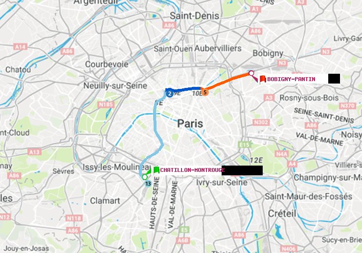 plan itinéraire ratp de Châtillon Montrouge à Bobigny-Pantin (Raymond Queneau)