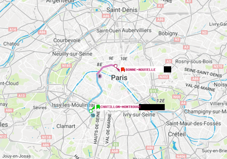 plan itinéraire ratp de Châtillon Montrouge à Bonne Nouvelle